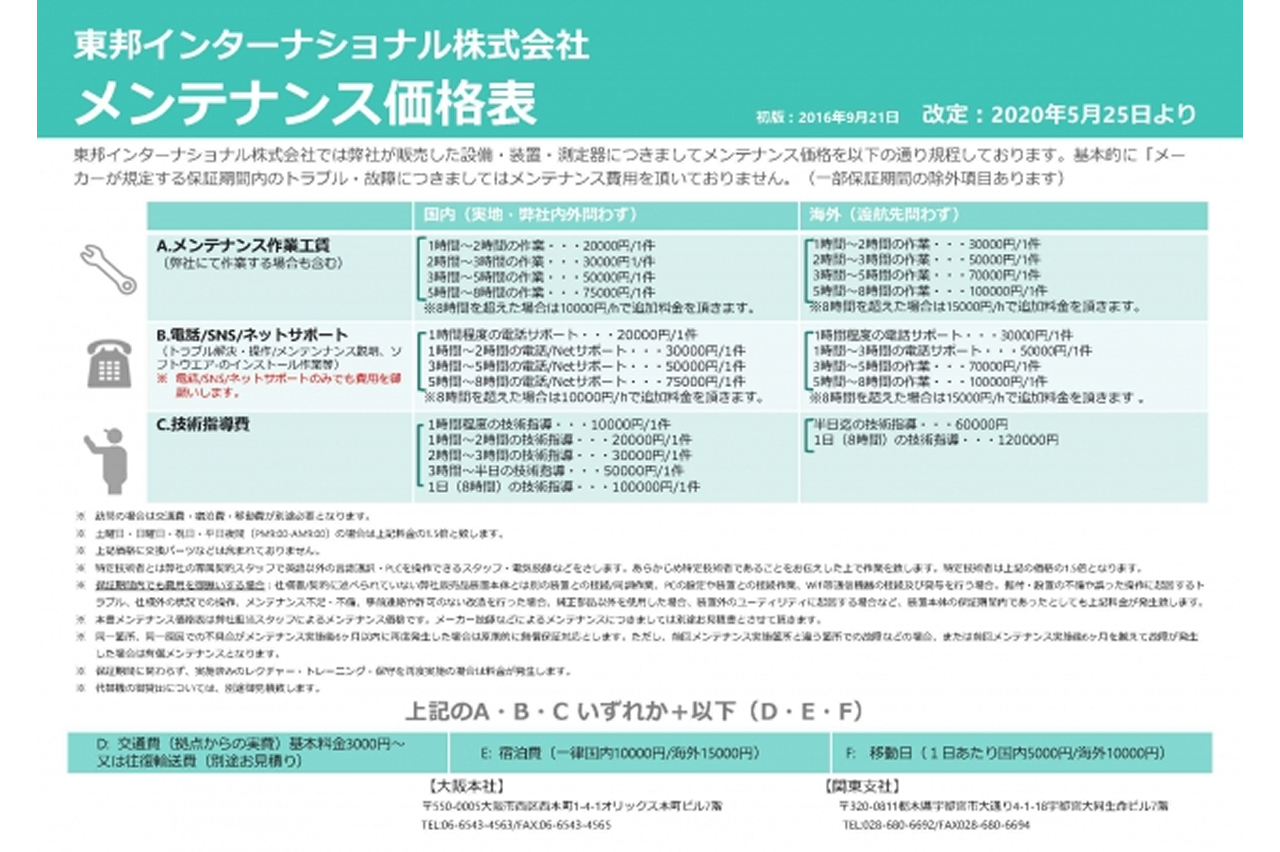 メンテナンス価格表　一部改定